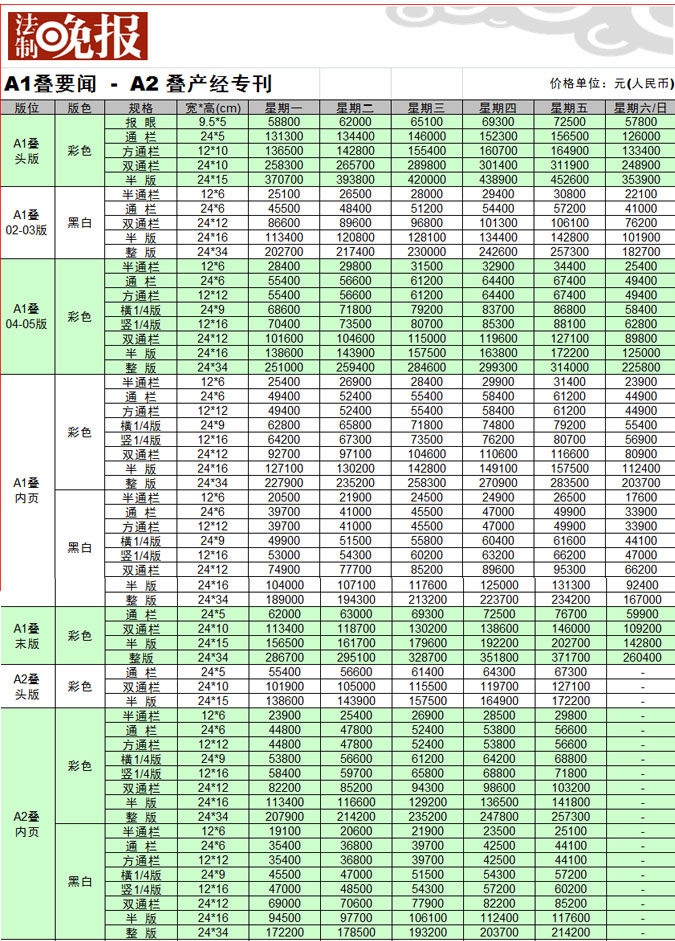 法制晚报广告刊例